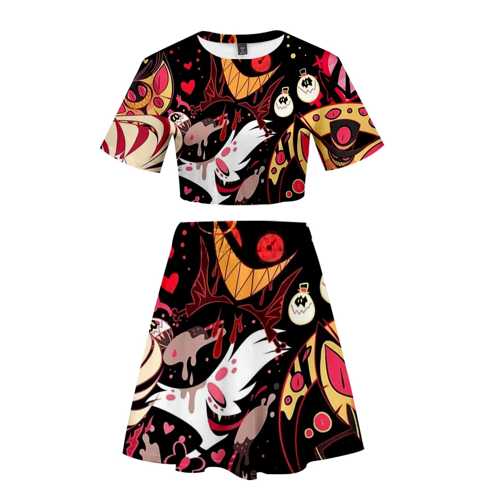 Короткая юбка Hazbin отельный костюм,, 2 футболки с коротким рукавом и костюм Hazbin отельный комплект из двух предметов, высокое качество, летний повседневный комплект