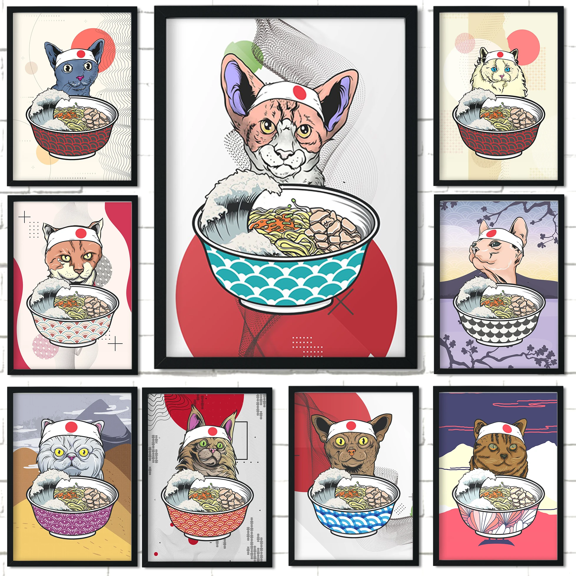 Funny Animal Ramen Poster Black Cat Colorful Anime Posters Wall Canvas Painting Art Picture Home Decor | Дом и сад
