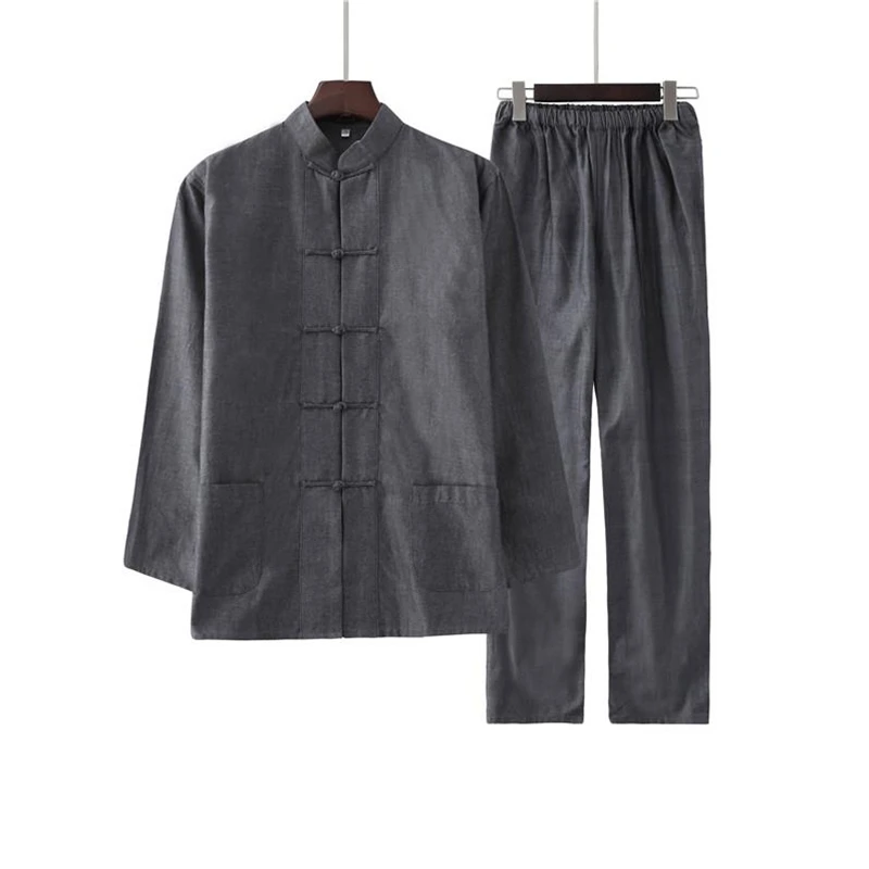 Large size Men's Cotton Solid Color Kung Fu Suit Chinese Style Wu Shu Shirt&Trousers Sets wine red Tai Chi Clothing M-4XL