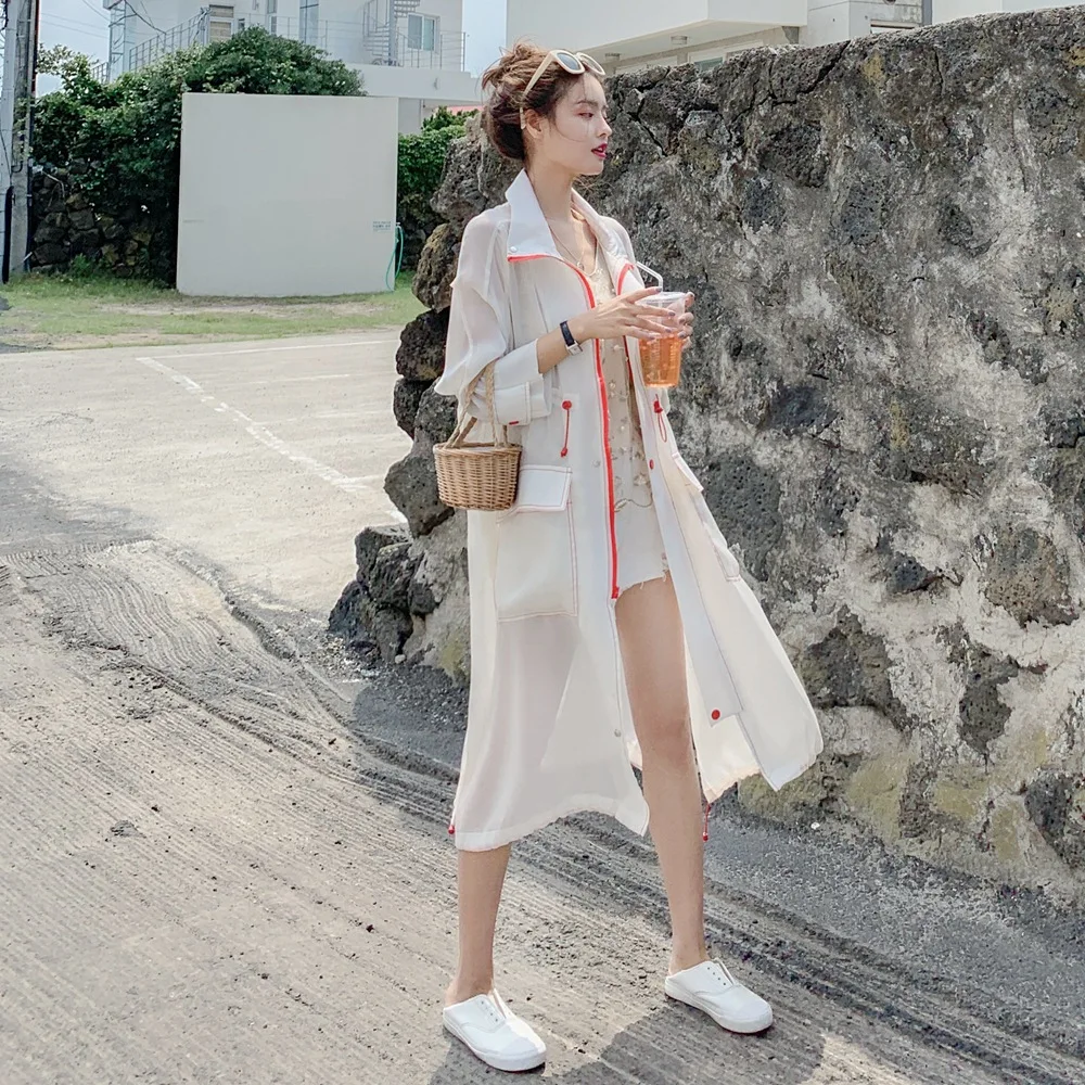 

Photo Shoot 2019 Summer And Autumn Joint Contrast Color Thin Trench Coat Retro Drawstring Waist Hugging Lace-up Long Coat
