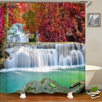 

200x180cm bathroom waterproof shower curtain beautiful forest waterfall print with hook washable home decoration curtain