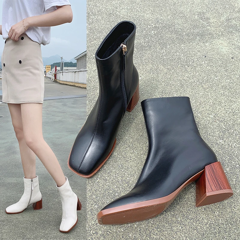 

2019 new fashion hunter boots for women Top quality square toe zipper square heels 6cm PU leather Solid color zapatos mujer
