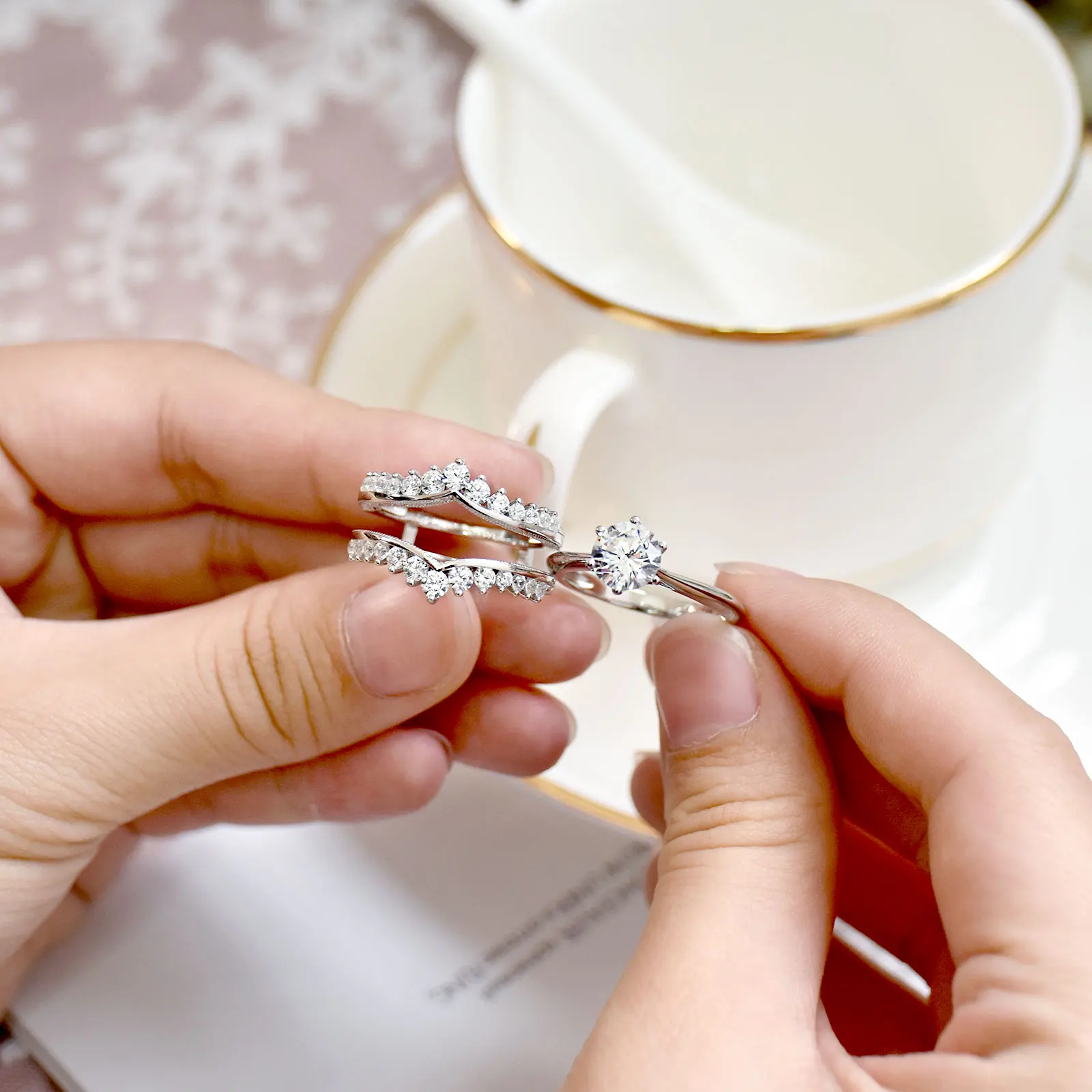 Newshe Luxury Solid 925 Sterling Silver Wedding Engagement Rings for Women High Grade Cubic Zircon Guard Band BR1167 Hff547c47cee4404d9bd21d139de04961I