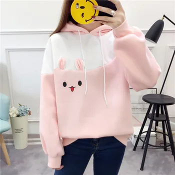 

3 Color Hooded Sweatshirts Kawaii Animal Embroidery Patchwork Long Slevee Sweatshirt Female Black Pink Green Hoodies 2019 Winter