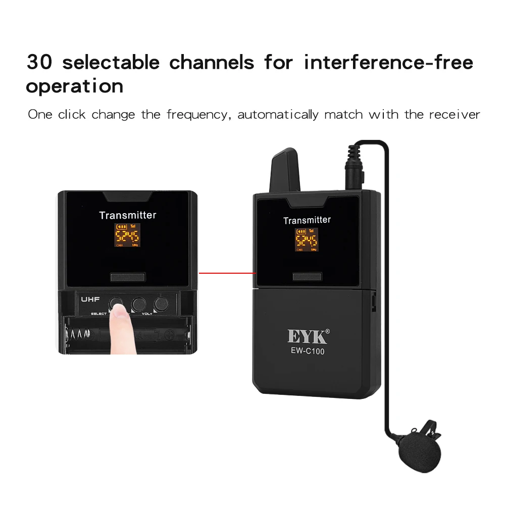 EYK UHF Wireless Lavalier Microphone Real-Time Monitor for Camera DSLR Camcorder Smartphones