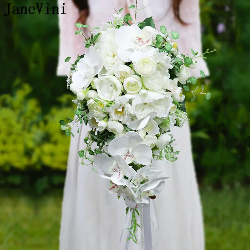 JaneVini 2021 Waterfall White Wedding Bridal Bouquet Artificial Orchid Green Kunstbloemen Drop Shape Brides Flower Bouquete