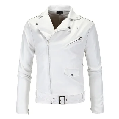 Hot Selling Autumn Clothing Men Oblique Zipper Locomotive Leather Coat Korean-style Slim Fit Fold-down Collar Washing Leather Ja