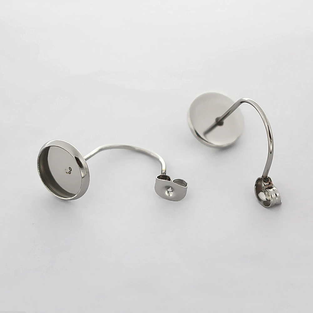 

Stainless Steel Ear Wire Earrings Bases 10mm 12mm Round Smooth Bezel with Earrings Back Cabochons Settings Blank DIY Findings