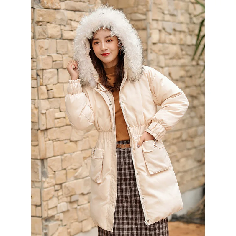 

2019 Winter New Style Thick Cotton Coat Hooded Waist Hugging Overcoat Mid-length Fur Collar Cotton Overcoat Women's