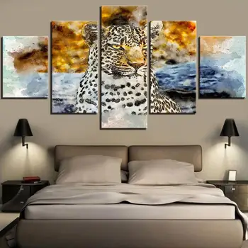 

Home Decor Leopard Prints Painting Animal HD Pictures 5 Pieces Wall Art HD Modular Canvas Poster Bedside Cartoon Background Fram