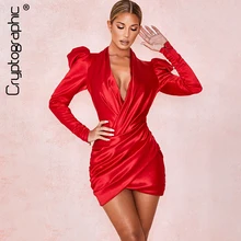 Криптографическое красное сатиновое платье с длинными рукавами, женское платье с запахом, вечерние мини платья с рюшами, Весенняя модная одежда