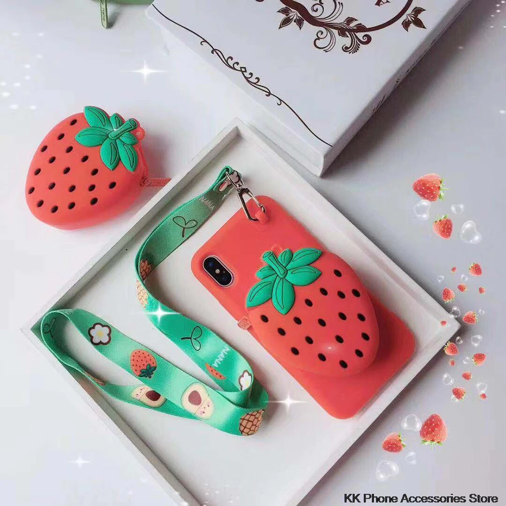 Милый чехол-кошелек с фруктовым карманом для iPhone XS Max X 10 XR 7 8 Мягкий силиконовый чехол с клубникой для iPhone 6 6s 7 8 Plus - Цвет: Strawberry