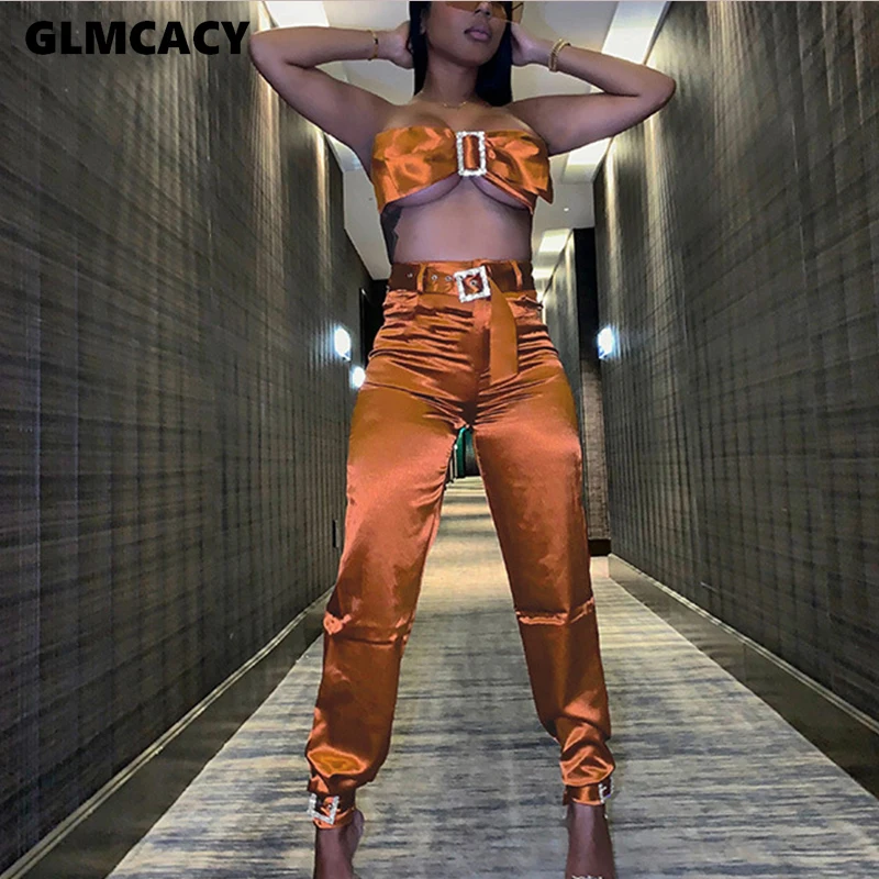Women Two Piece Bow Down Bishes Set Diamond Buckle Top& High Waist Zipper Button Trouser Pant Set Sexy Partty Clubwear