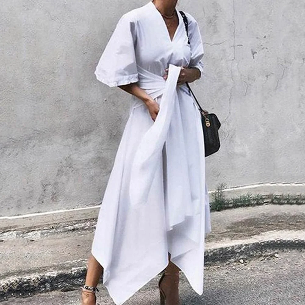 

White Belted Elegant Party Dress Women Sexy V-neck Half Sleeve A-line Summer Vestido Irregular Hem Long Robe Femme Maxi Dresses