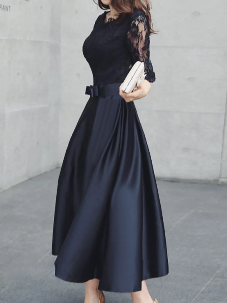 

Korean Style Women Patchwork Lace Dresses A Line Summer Female Long Maxi Dress Robe Workwear Elegant Femme Vestiods Office Lady