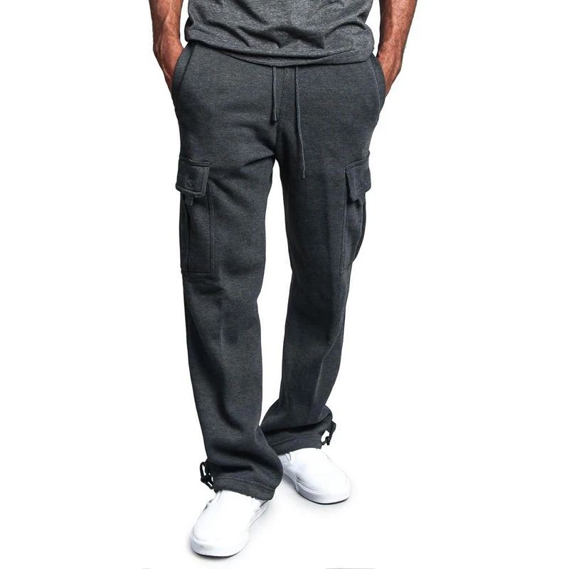Мужские брюки осень зима шнурок эластичный пояс спортивные брюки сплошной цвет мульти-карман свободные повседневные брюки