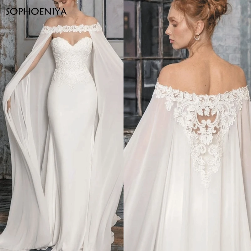 

Elegant Ivory Mermaid evening dresses Lace Appliques Cape Muslim evening dress Party Plus size kleider damen abendkleid