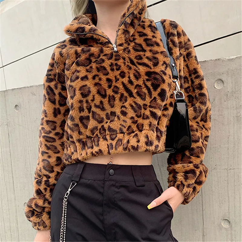 Leopard Nadafair зимний теплый пушистый свитер с леопардовой раскраской Женский мягкий искусственный мех Повседневный укороченный свитер пуловер - Цвет: Leopard