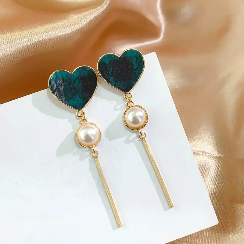 Женские винтажные серьги капли с зеленым сердцем 2020 жемчугом модные ювелирные