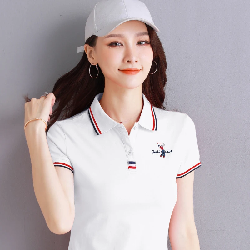 Summer Fashion Women's Cotton Short Sleeve Soft All-Match T-Shirt Korean Golf Basball Sweatshirt Stripe Sports Polo Top 2021 1