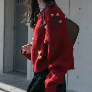 

Retro Appliques Cherry Knitted Pullover Christmas Elk Crocheted Sweater Long Sleeve Flowers Patchwork Thicked Winter Crop Sueter
