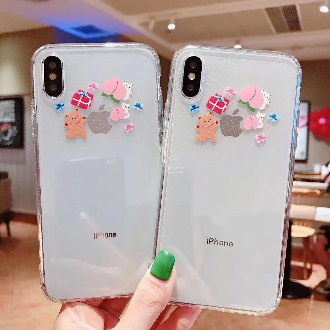 

INS Korea cute animal bear peach phone case for iphone 6s 7 8 plus XS MAX XR X Fashion funny anime cartoon clear soft back cover