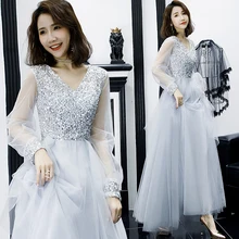 Это Yiiya вечернее платье элегантные Серебристые вечерние платья с блестками с длинным рукавом LF169 вечерние платья с длинным v-образным вырезом robe de soiree