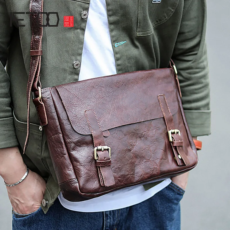 AETOO Bolsos De cuero hechos a mano para hombre, bolsos de cuero inclinado,  bolsos de cartero de bronceado con plantas, bolsos de hombro informales| |  - AliExpress
