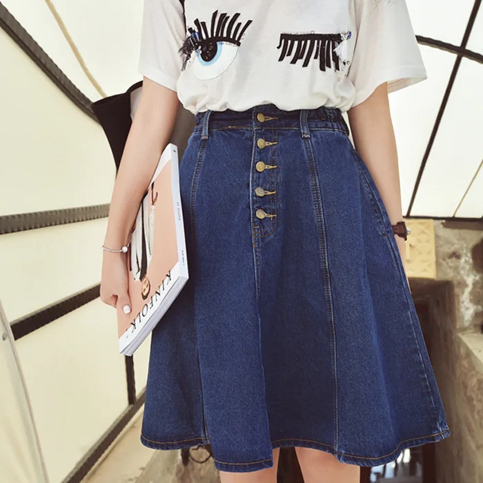 

2017 Spring And Summer New Style Student Mid-length Denim Skirt High-waisted Midi-skirt Full Skirt Big Hemline A- line Skirt