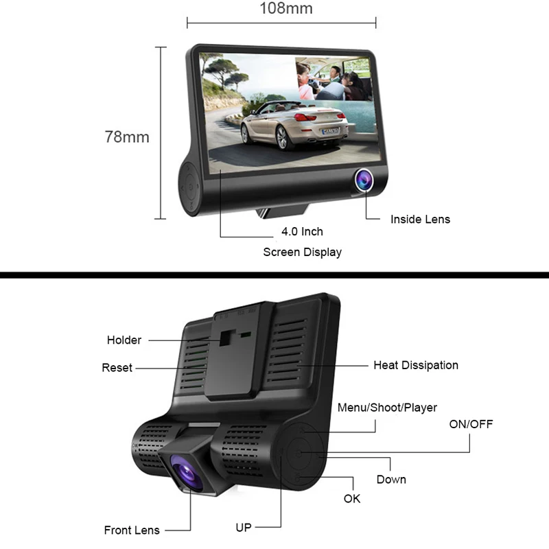  Car DVR 3 Cameras Lens 4.0 Inch 1080P Video Recorder with Rear View Camera Dual Lens Dash Cam Auto 