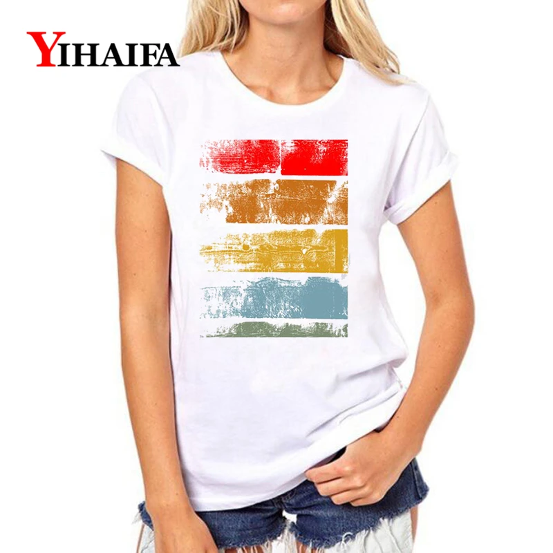 

YIHAIFA Stylish Short sleeve T-shirt Colorful Striped Print Graphics Tee Casual Women White T Shirts Tops Pullover