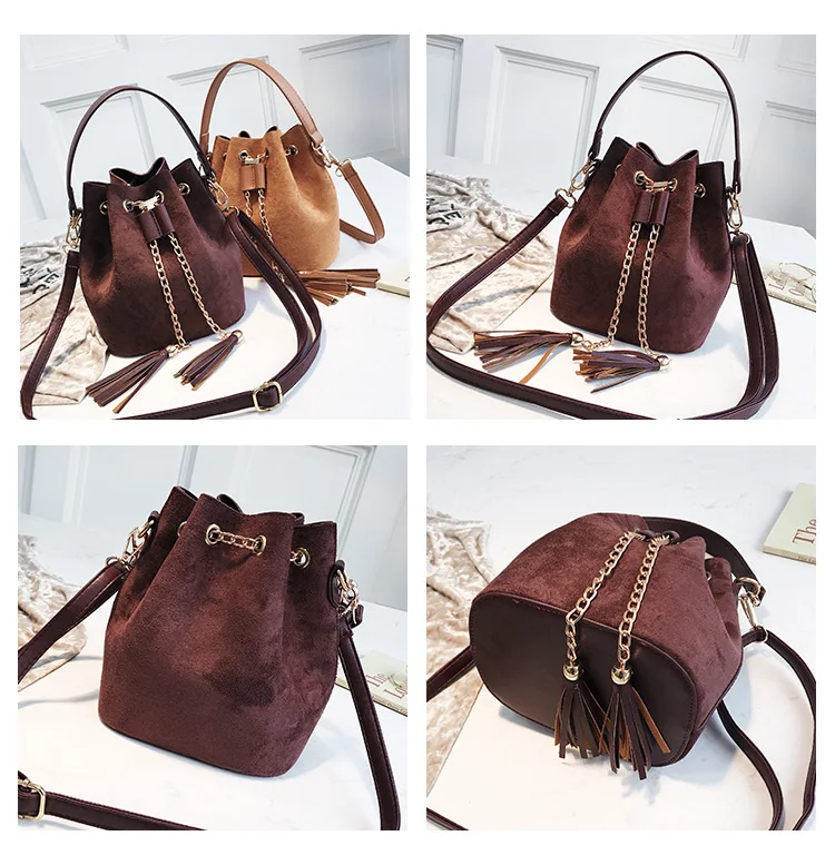 2019 New Mini Crossbody Handbags Cute Suede Bucket Bag Organizer Small Tassel PU Leather Womens Shoulder Messenger Bags Bolsos