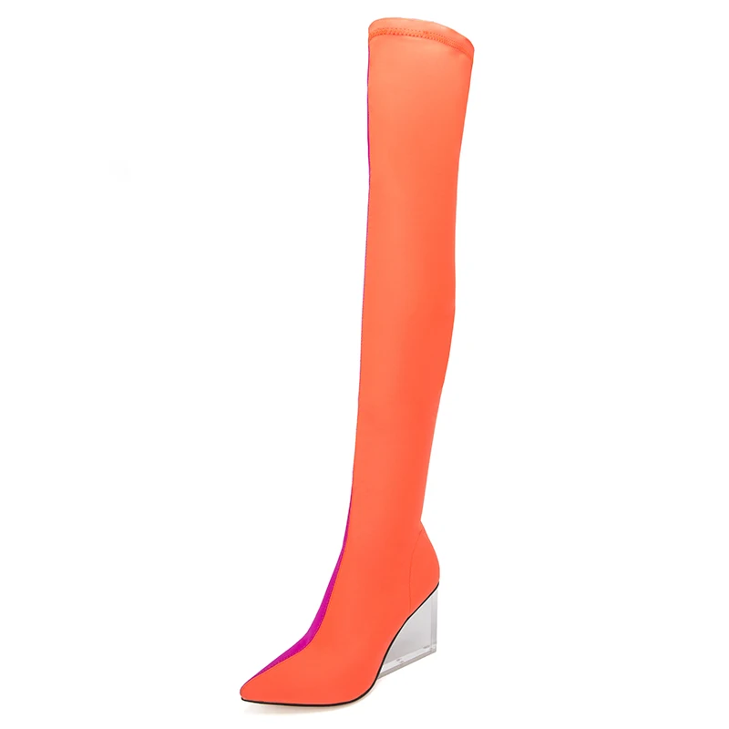 MStacchi/новые женские сапоги выше колена; женские разноцветные сапоги на высокой танкетке из эластичной ткани; Mujer; высокие сапоги на прозрачном каблуке - Цвет: orange
