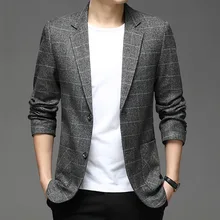 

2021 New Business Casual Blazer Men Quality Brand Fashion Plaid Suit Jacket Slim Fit Single Breasted Blazers Coats Male