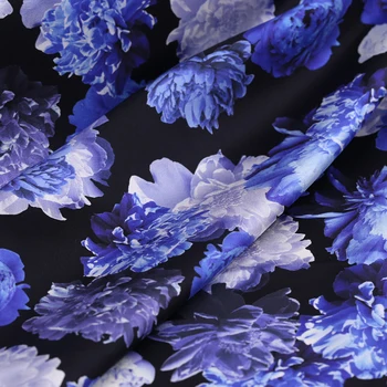 

2019 New Natural Silk Fabric Blue White Flower Printed Black Dress Fabrics Stretch Satin Garment Material Telas Tissus Au Metre