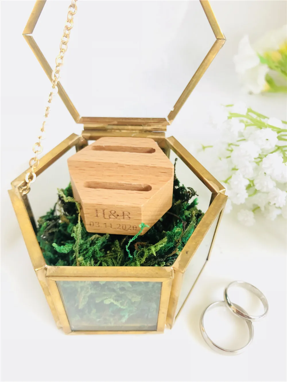 Glass and Wood Box Индивидуальное Имя, свадебные стеклянные кольца, индивидуальные инициалы, стеклянный держатель для ювелирных изделий, Пентагон, геометрический Подарочный держатель, деревянные коробки - Цвет: Glass and Wood Box