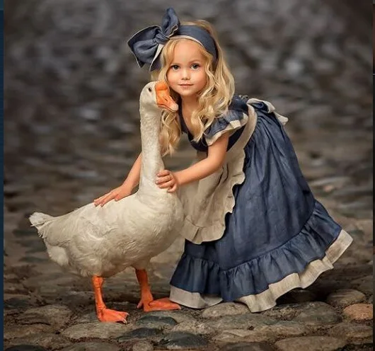 

European And American-Style Girl's Dress Cute Denim Blue Pastoral Style Maid Dress