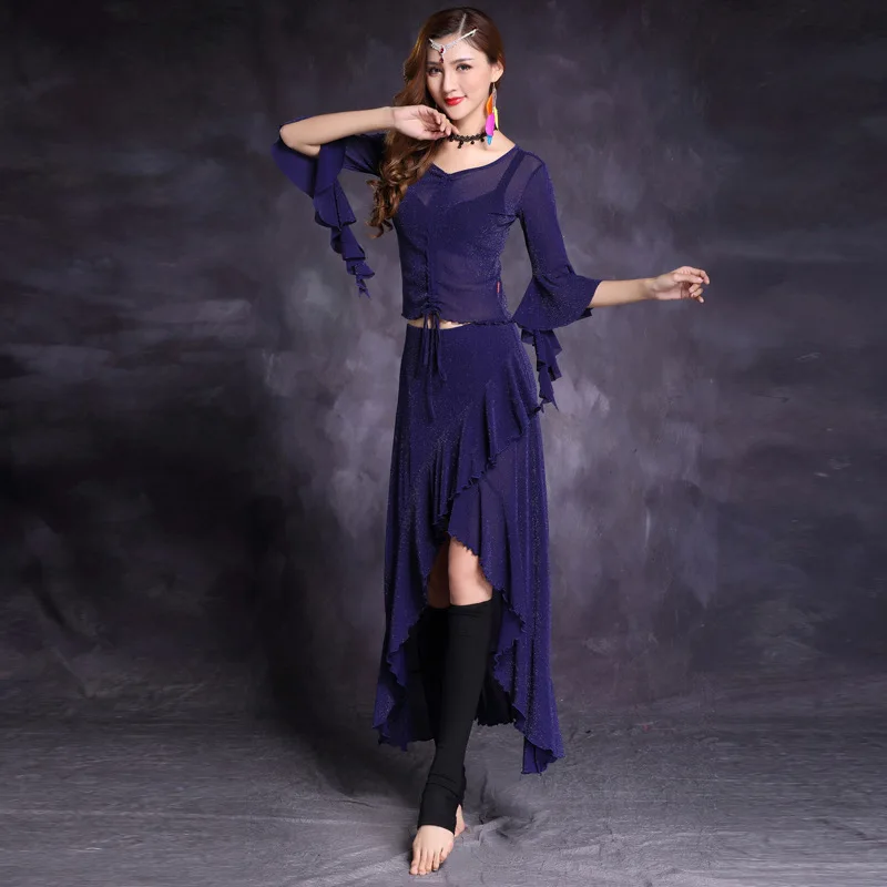 Женский набор костюма для танца живота с волнистым краем и рукавом-бабочкой для танца живота, тренировочная одежда, раздельная юбка, женский топ+ юбка, костюм для танцев - Цвет: Royal blue
