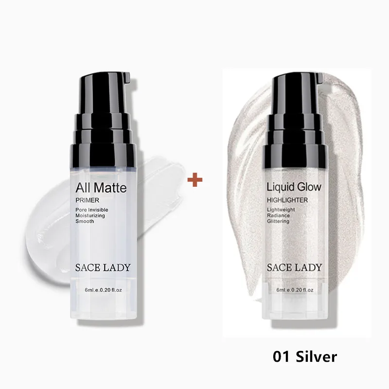 01 Silver SACE LADY набор для макияжа лица с масляным контролем основа для макияжа ПРАЙМЕР+ жидкий хайлайтер Блестящий бронзер осветитель для лица набор для свечения - Цвет: 01 Silver
