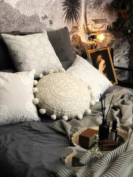

Decorative Cushion Nordic Style Sofa Pillow Ins French Retro Embroidery Round Cotton Bedside Cushion For Sleeping Bed Home Decor