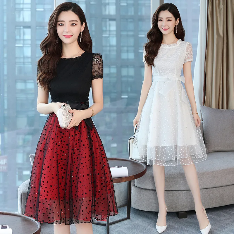 Fashion Lace Dress Woman Summer High Wasit Chiffon Casual Dress Hollow Out Party Dress Vestidos Midi Dress Woman Clothing