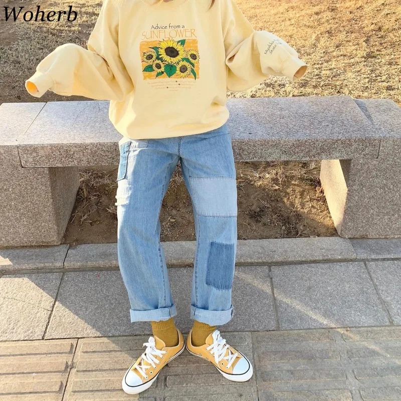 Woherb Harajuku/толстовка с круглым вырезом и длинными рукавами; толстовки; Повседневный Свободный пуловер с принтом; модная новая верхняя одежда в японском стиле; 91082