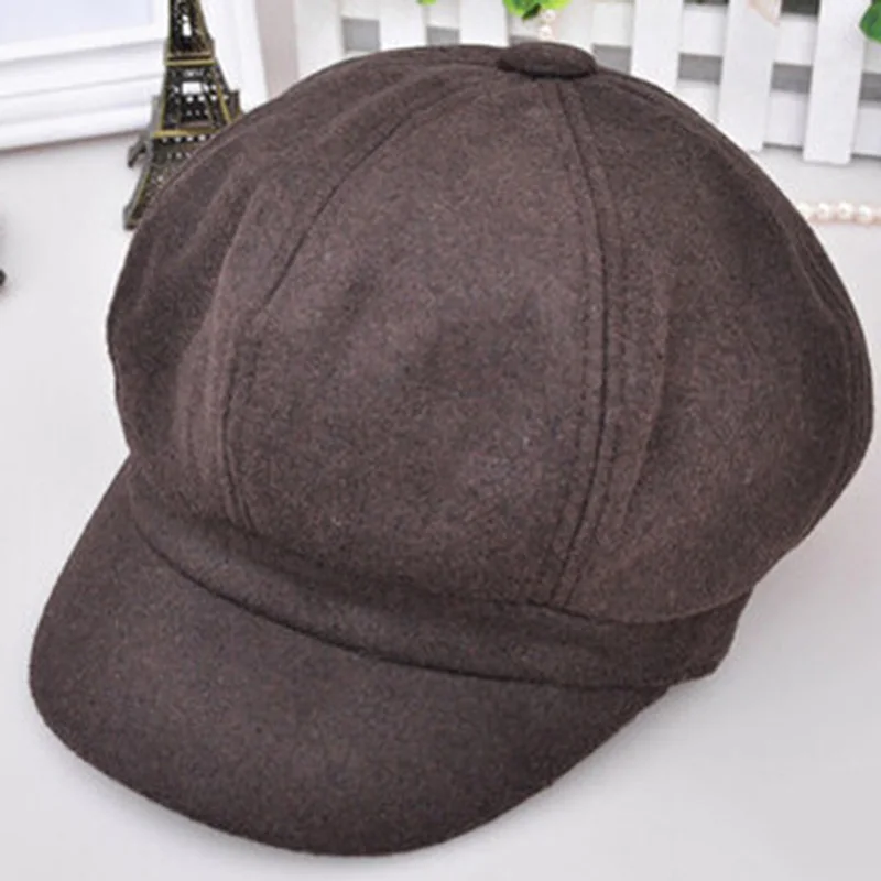 Мужская Женская войлочная однотонная шляпа восьмиугольная кепка, зимняя шапка в Корейском стиле, женская шляпа в стиле ретро для путешествий на весну и осень JS24 - Color: dark coffee