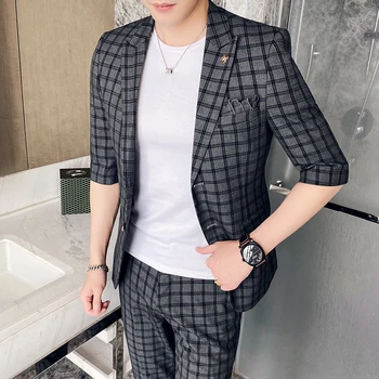 

2020 Men's Suit Plaid Blazer Jacket Suit Slim Fit Wedding Groom Tuxedos Suits for Men 2 Pcs Set Dress Tuxedo suit costume homme