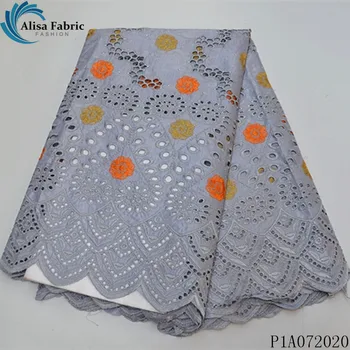 

Alisa gray swiss 100% cotton voile lace fabric embroidered with stones hollow out design african dry laces fabrics 5 yards/piece
