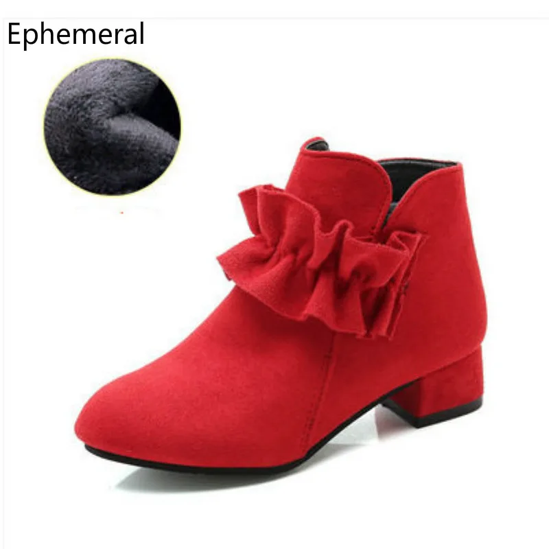Children Kids Winter Boots Fashion Cute Flowers Flock Zippers Ankle Boots Low Heels Square Round Toe Warm Shoes pink red black