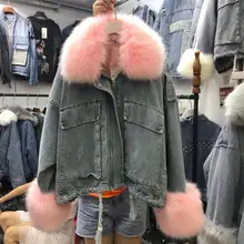 Зимняя джинсовая куртка для женщин с натуральным кроличьим мехом, зимние парки с воротником из лисьего меха, меховое джинсовое пальто