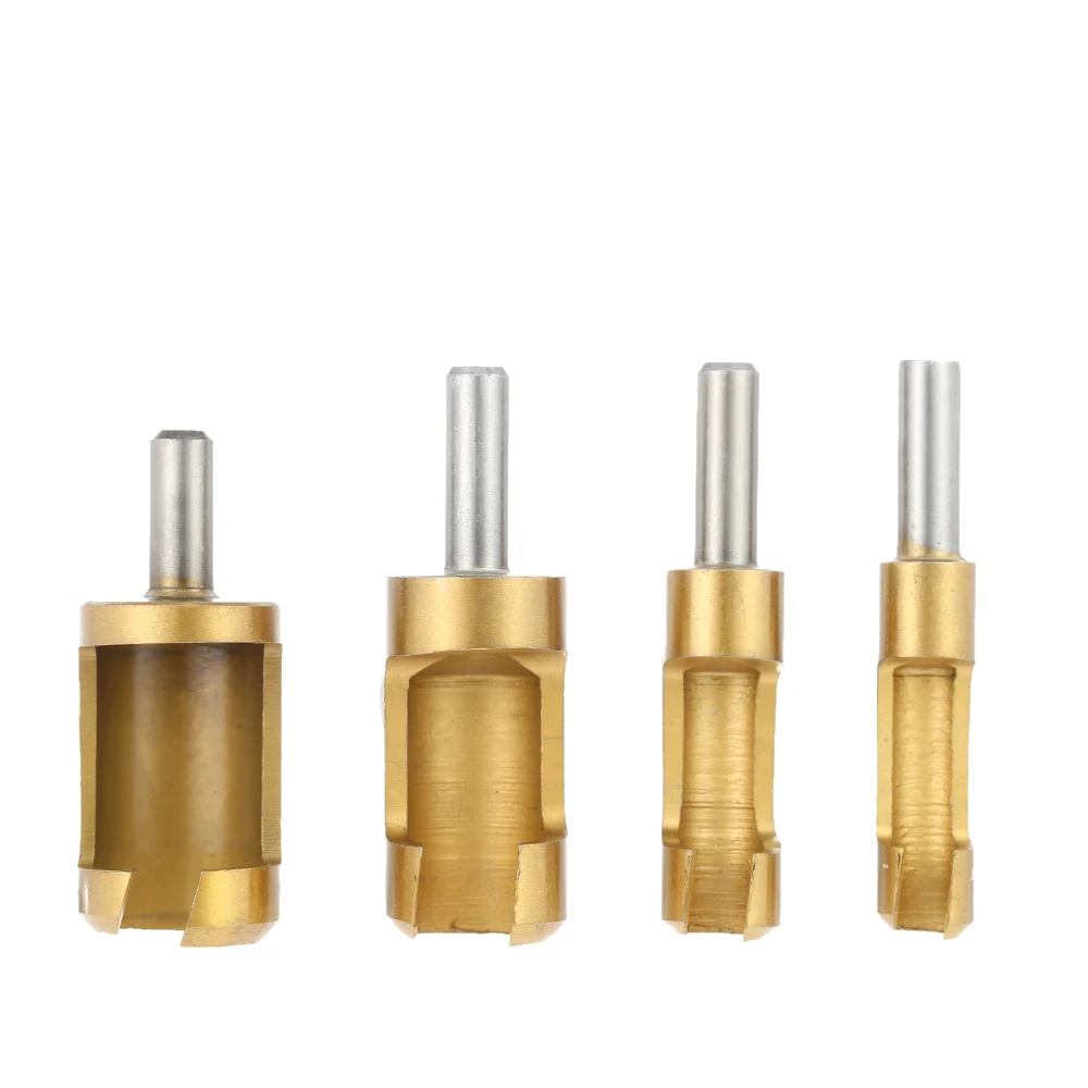 

4pcs/set 1/4" Shank Titanium Barrel Cork Drill Plug Cutter Drill Bit Bored Hole Wood Tenon Drill Hole Saw Arbors Handy