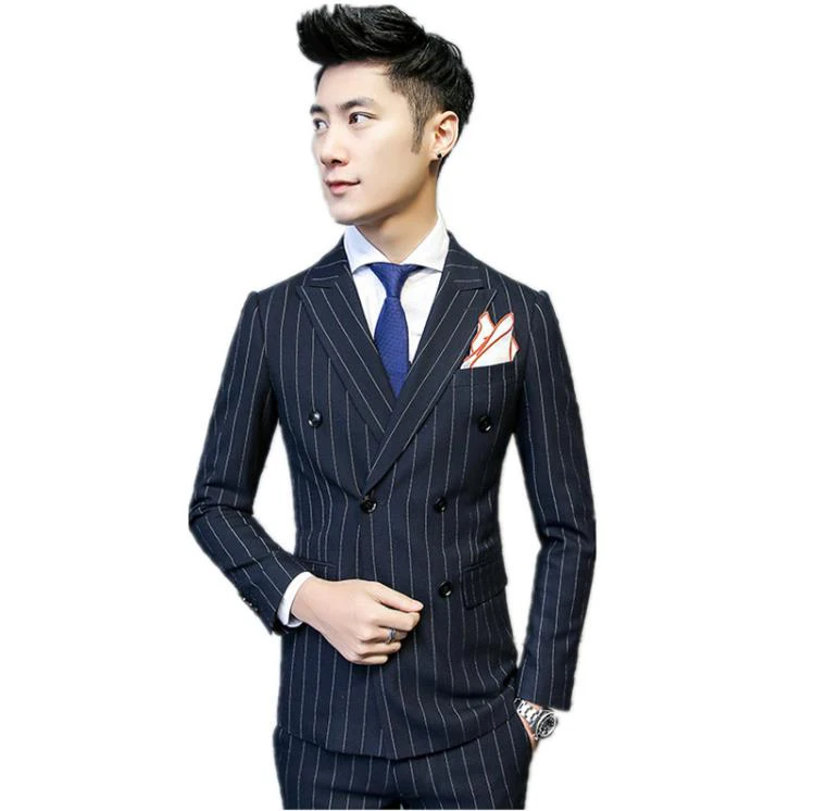 

Jacket+Vest+Pants)Custom Slim Fit Suits Men's Wedding Suits Business Double Breasted High Quality Men's Casual Striped Suits Men