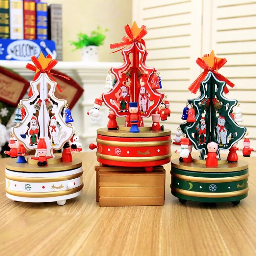 Романтический дизайн Рождественские елки музыка декоративная коробочка деревянная вращающаяся музыкальная шкатулка для детей девочек